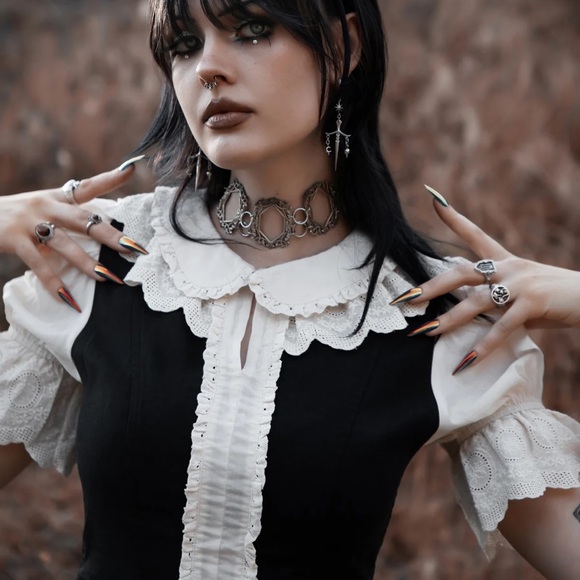 Lively Ghost NWT The "Ravenshade" Ruffle Blouse Ivory Black Gothic Cottage Witch - Picture 2 of 7